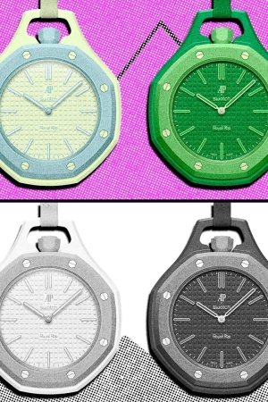 Audemars Piguet x Swatch Royal Pop cep saati koleksiyonunun farklı renk seçeneklerini gösteren görsel.