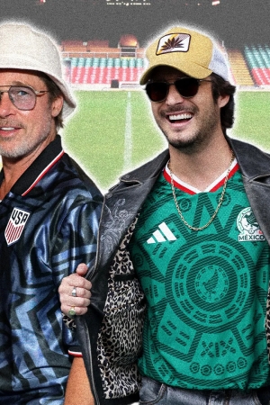 Travis Scott, Brad Pitt, Diego Boneta ve Kit Harington, Dünya Kupası'nda futbol formalarını farklı tarzlarda kombinledikleri görsel kolajda yer alıyor.