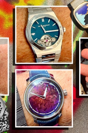 Geneva Watch Days 2026'da sergilenen Richard Mille, Girard-Perregaux, Ming, Oris ve diğer sıra dışı lüks saatlerden oluşan renkli kolaj.