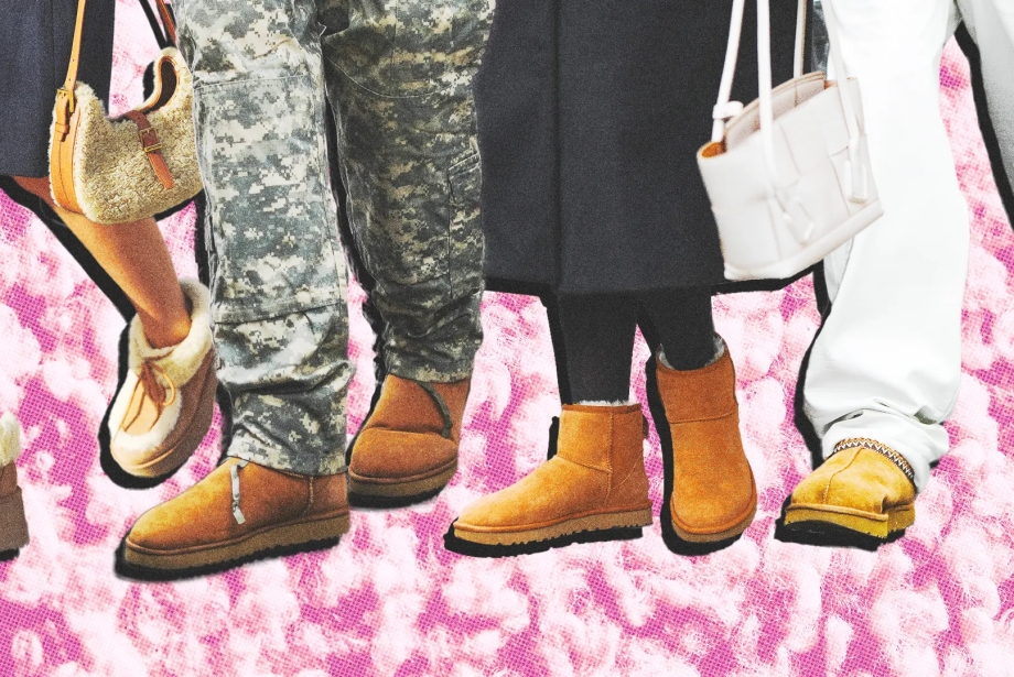 Farklı renk ve kombinlerle kullanılan Ugg bot modellerini gösteren moda görseli.