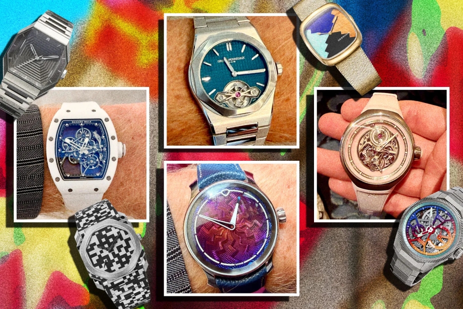 Geneva Watch Days 2026'da sergilenen Richard Mille, Girard-Perregaux, Ming, Oris ve diğer sıra dışı lüks saatlerden oluşan renkli kolaj.