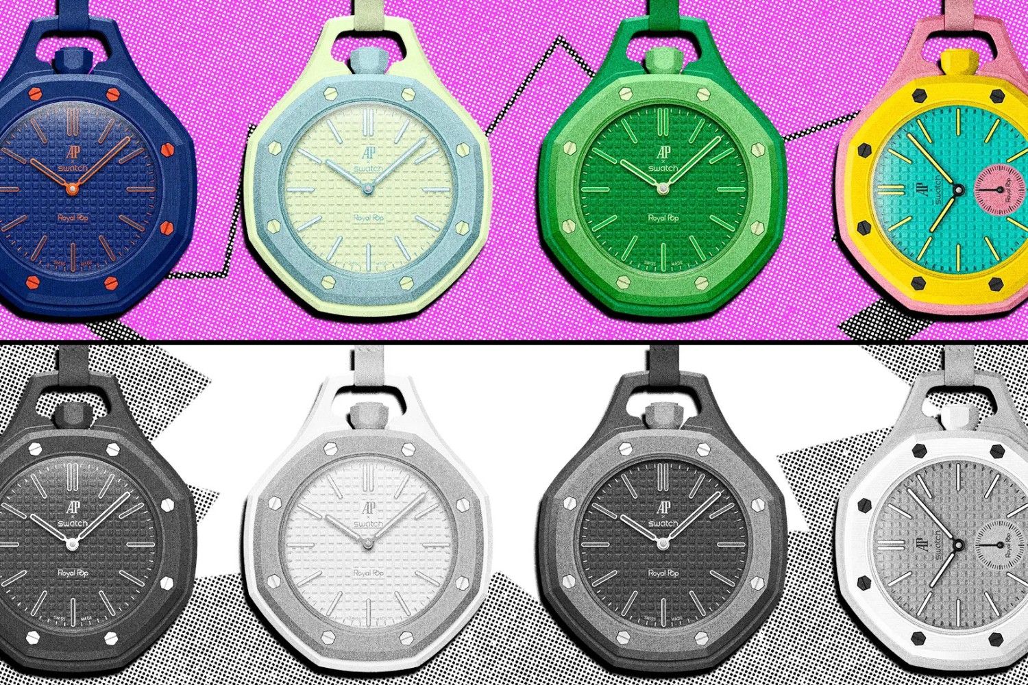 Audemars Piguet x Swatch Royal Pop cep saati koleksiyonunun farklı renk seçeneklerini gösteren görsel.