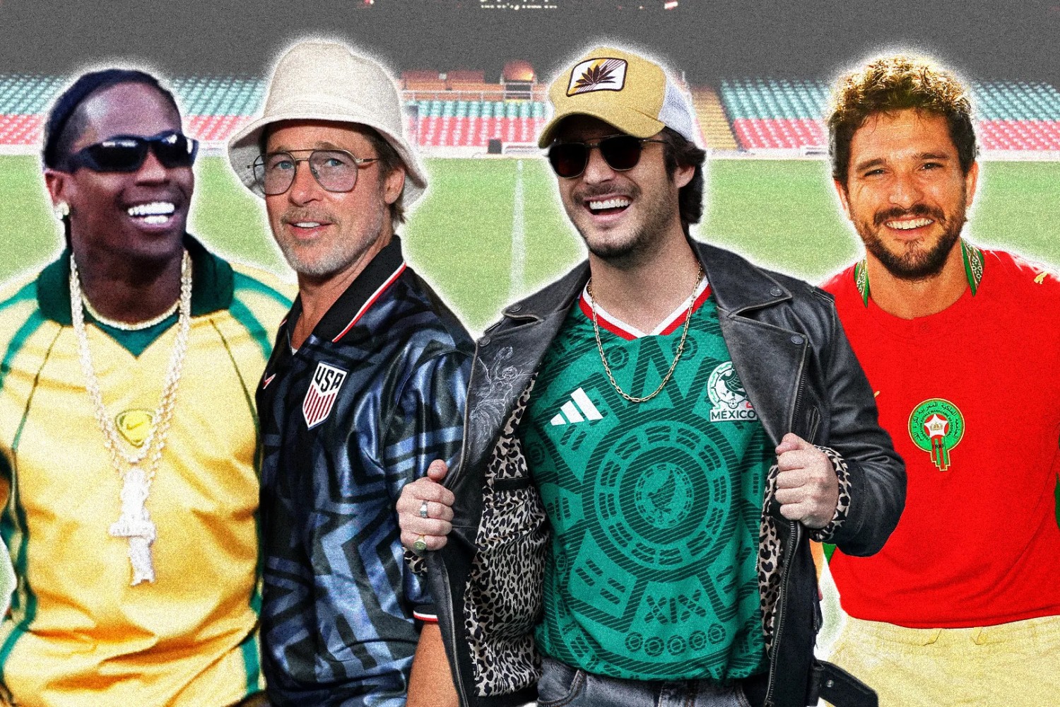 Travis Scott, Brad Pitt, Diego Boneta ve Kit Harington, Dünya Kupası'nda futbol formalarını farklı tarzlarda kombinledikleri görsel kolajda yer alıyor.