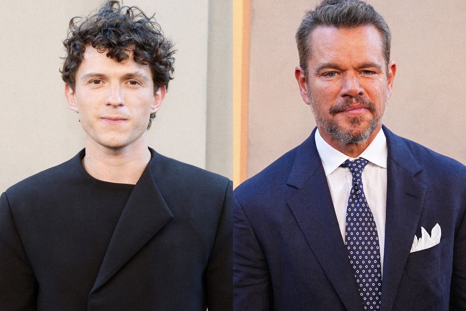 Tom Holland ve Matt Damon, The Odyssey filminin New York galasında farklı takım elbise stilleriyle poz verirken.