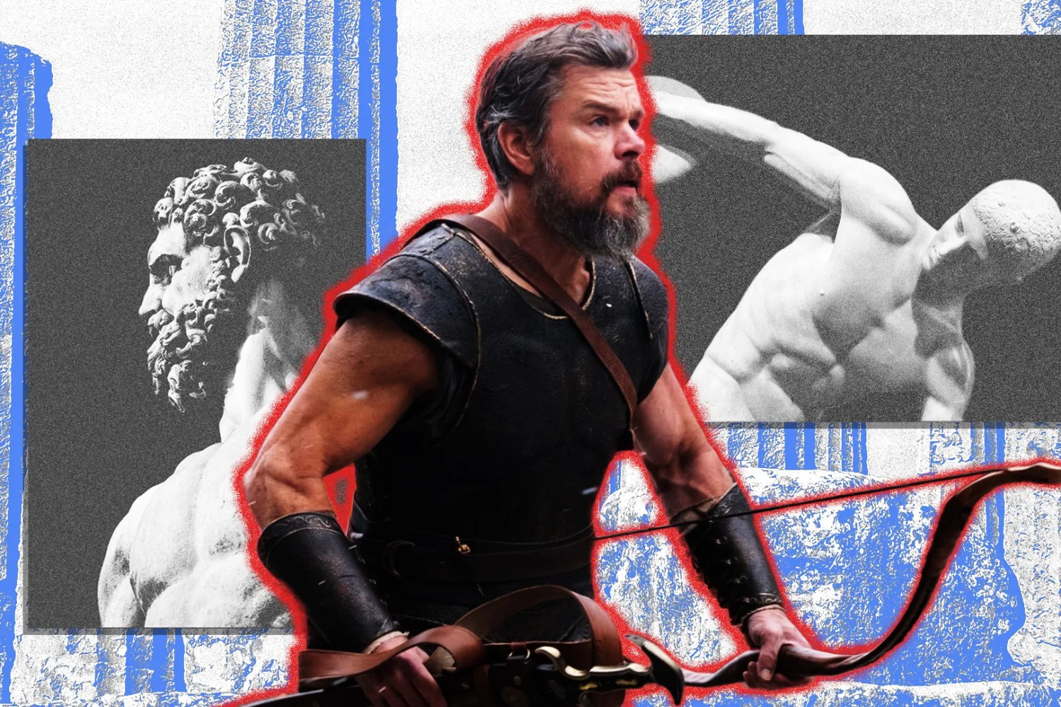 Matt Damon, The Odyssey filmi için geliştirdiği kaslı fiziğiyle Odysseus kostümü içinde. Arka planda Antik Yunan heykelleri ve disk atan atlet görselleri yer alıyor.