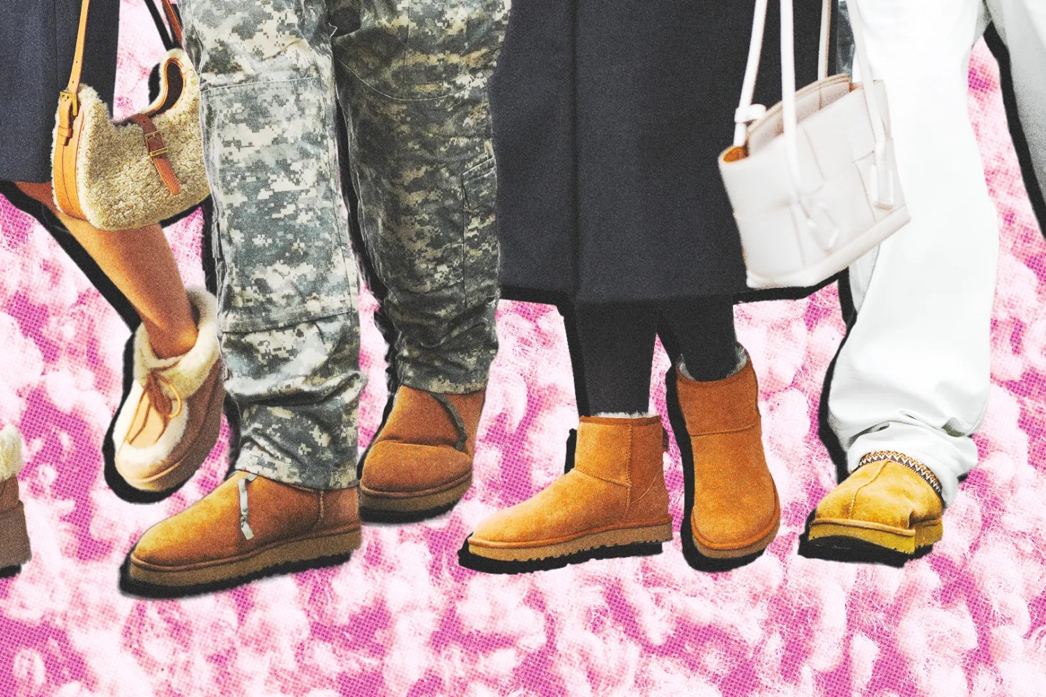 Farklı renk ve kombinlerle kullanılan Ugg bot modellerini gösteren moda görseli.