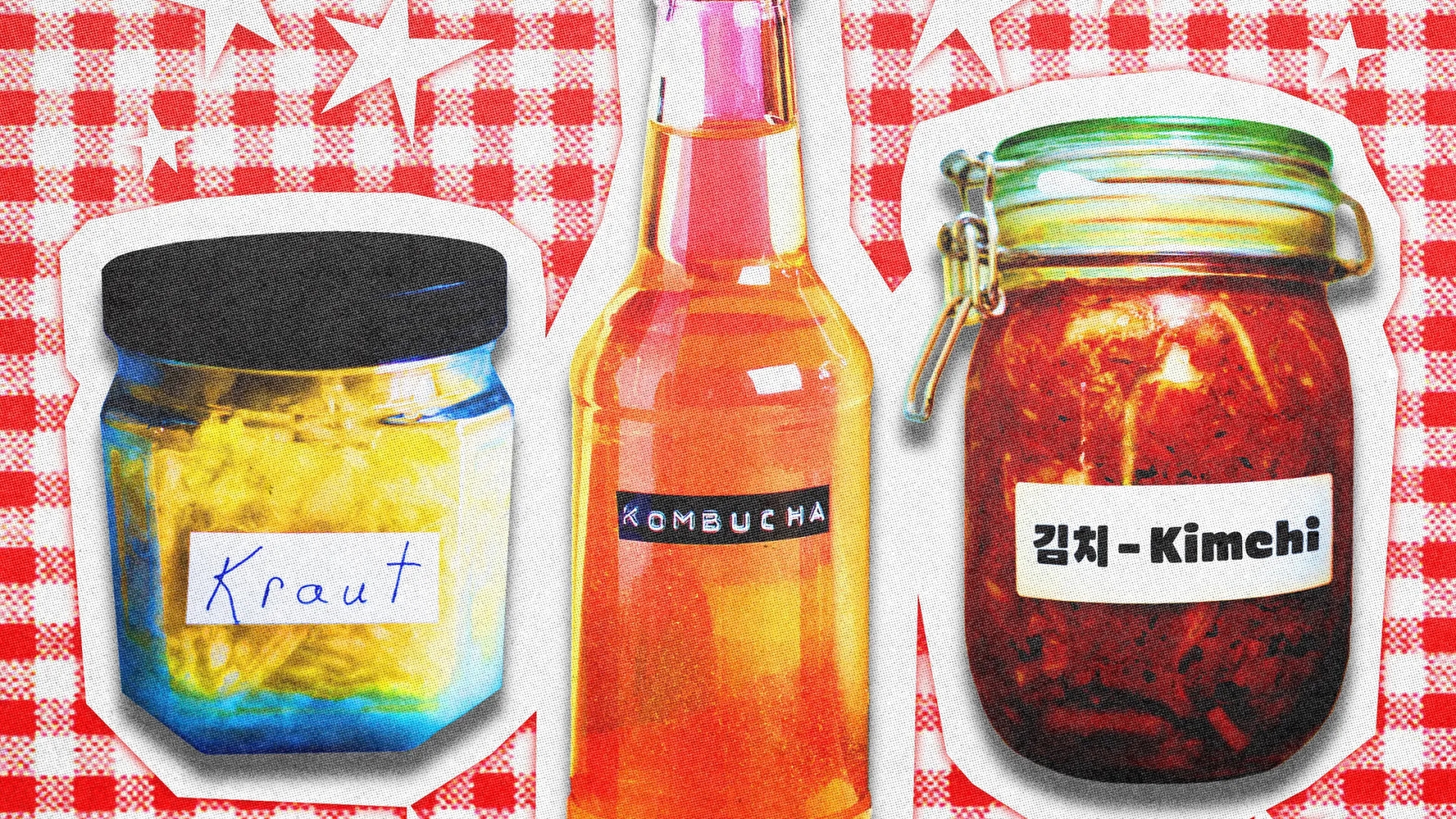 Fermente gıdalar illüstrasyonu. Lahana turşusu, kombucha ve kimchi kavanozları bağırsak sağlığı, probiyotikler ve sağlıklı beslenme trendini temsil ediyor.