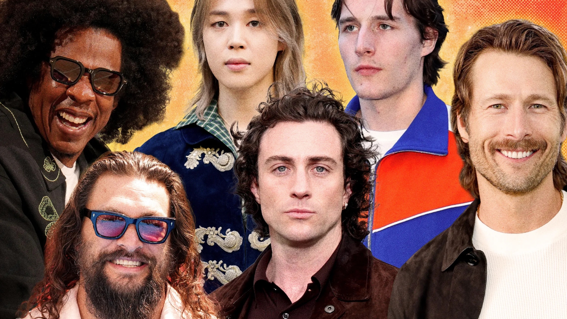 2026 erkek uzun saç trendleri: baby mullet, shag, uzun afro, plaj dalgaları ve soft punk stilini yansıtan ünlüler kolajı.