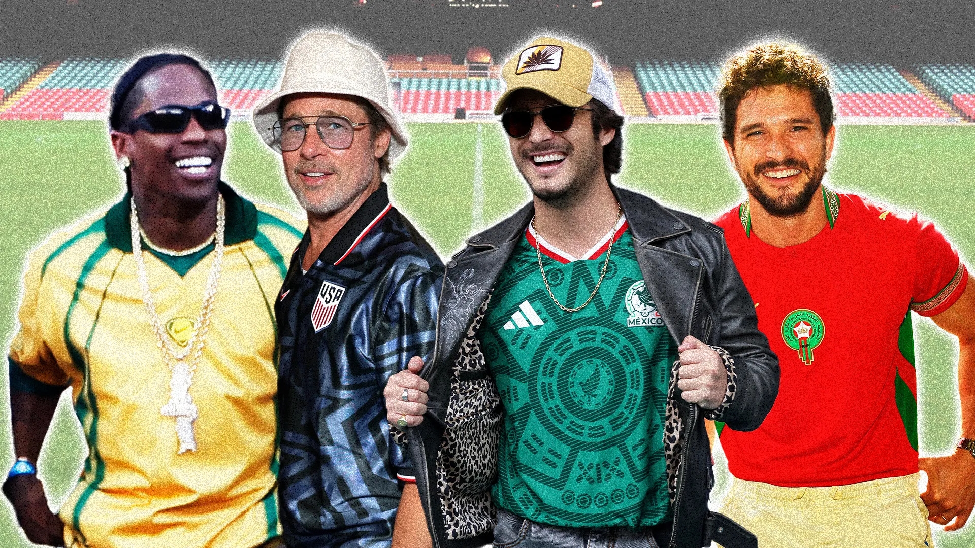 Travis Scott, Brad Pitt, Diego Boneta ve Kit Harington, Dünya Kupası'nda futbol formalarını farklı tarzlarda kombinledikleri görsel kolajda yer alıyor.