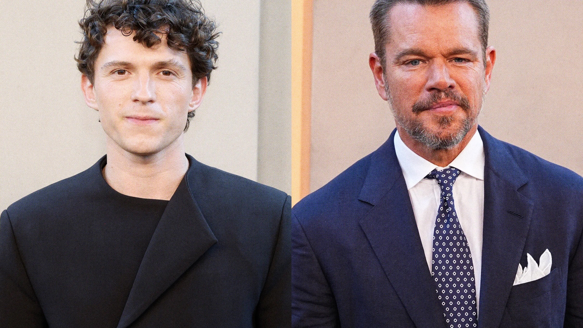 Tom Holland ve Matt Damon, The Odyssey filminin New York galasında farklı takım elbise stilleriyle poz verirken.