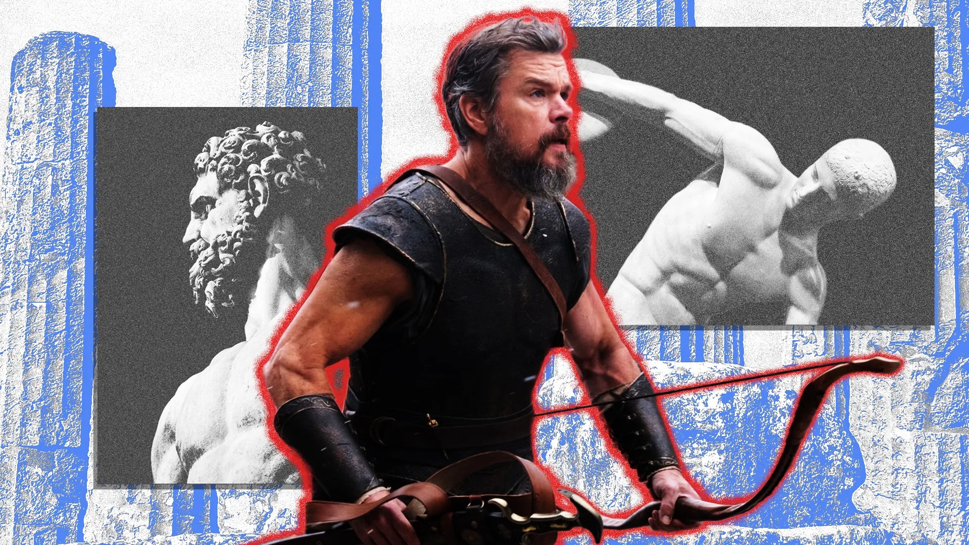 Matt Damon, The Odyssey filmi için geliştirdiği kaslı fiziğiyle Odysseus kostümü içinde. Arka planda Antik Yunan heykelleri ve disk atan atlet görselleri yer alıyor.