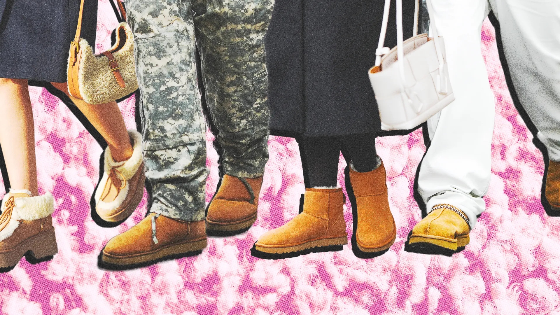 Farklı renk ve kombinlerle kullanılan Ugg bot modellerini gösteren moda görseli.